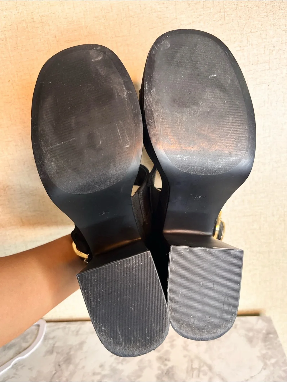 Steve Madden Black Platform Block Heel Sandals with Gold Buckle